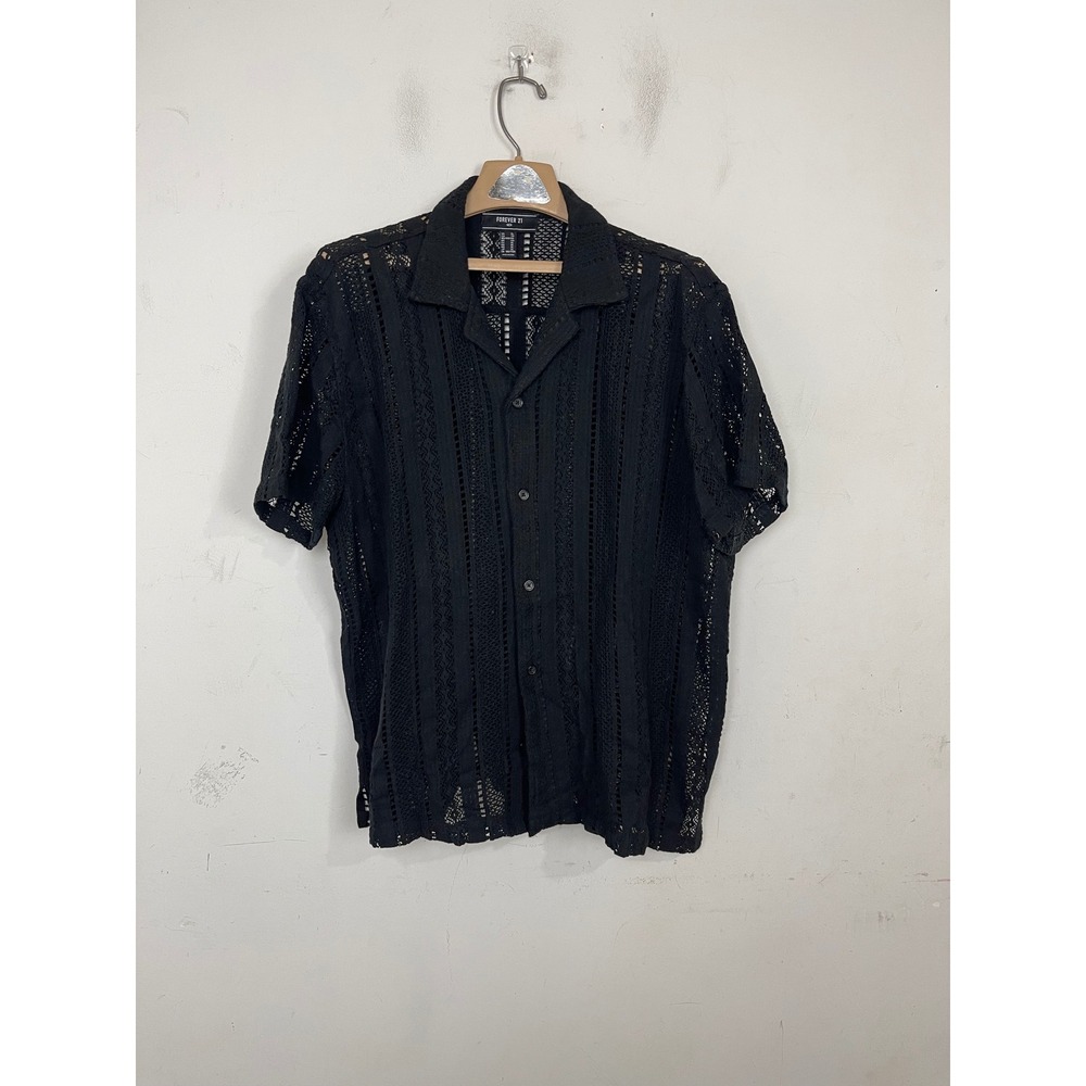 Forever 21 Men Black Crochet Knit Button Down Shirt Camp Collar XL Cotton